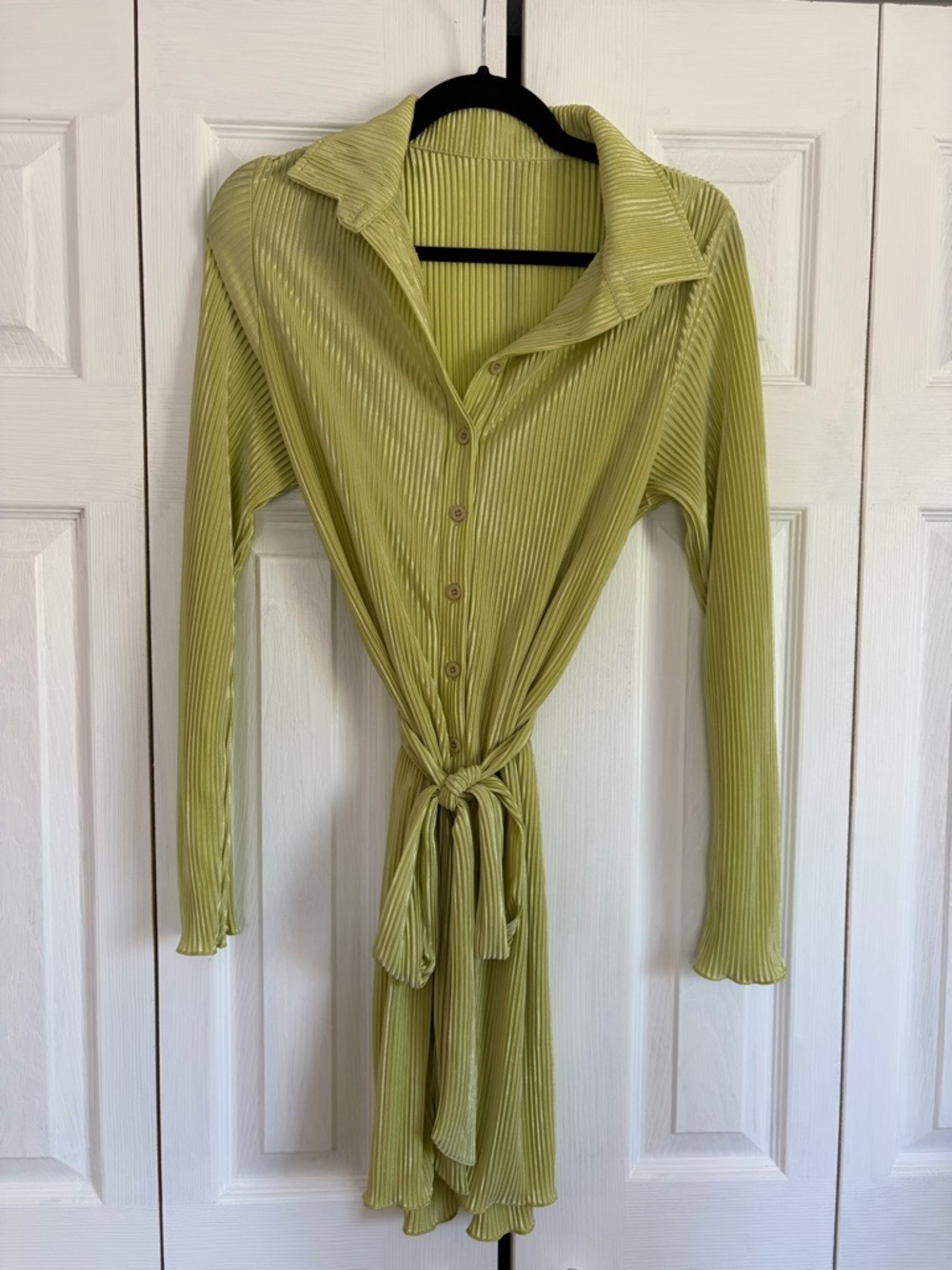 Chartreuse Pleated Tie-Front Button Dress